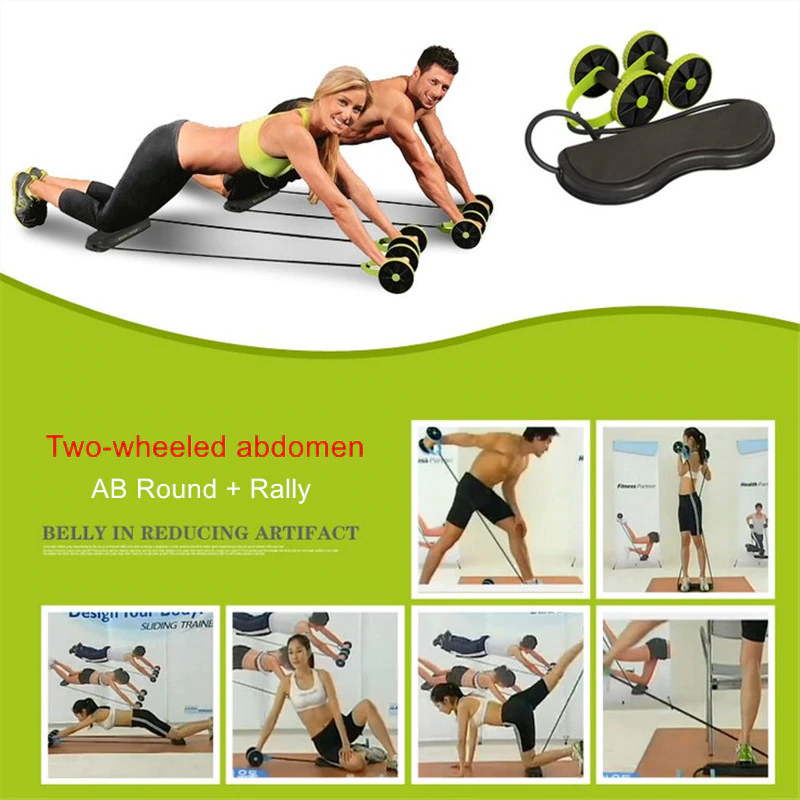 Two people using an ab roller with additional images of people exercising on the product.