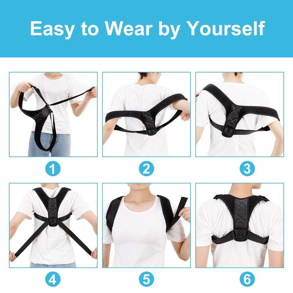 Step-by-step guide on how to wear a black posture corrector.