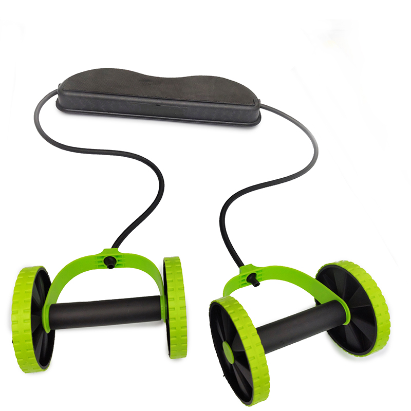 Ab roller exercise tool with green wheels and black handles on a white background