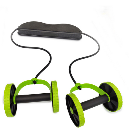 Ab roller exercise tool with green wheels and black handles on a white background