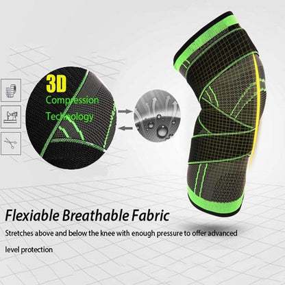 Green and black knee brace with 3D compression technology on a white background