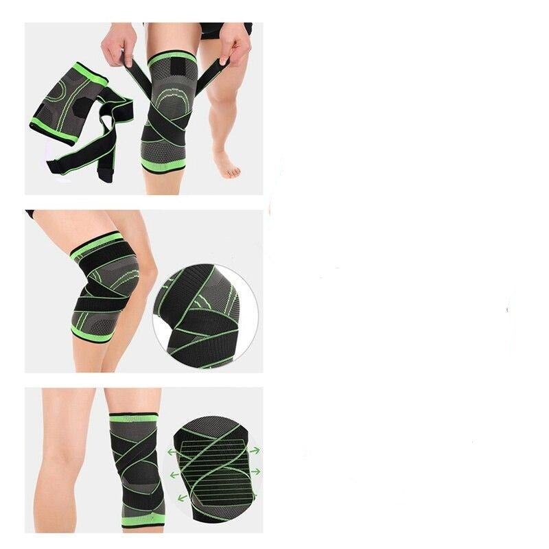 Black and green knee brace with close-up details on a white background