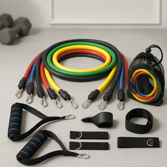 Set of resistance bands and accessories on a light gray surface with dumbbells in the background.