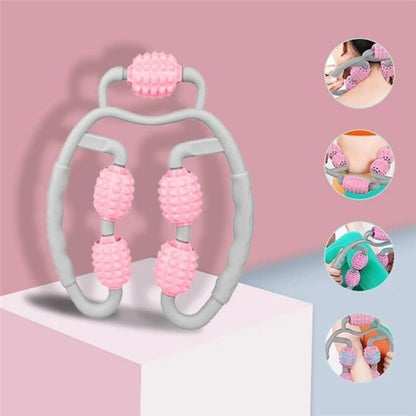 Gray and pink massage tool with close-up insets on a pink background