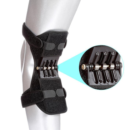Black knee brace with detailed view of hardware on a white background