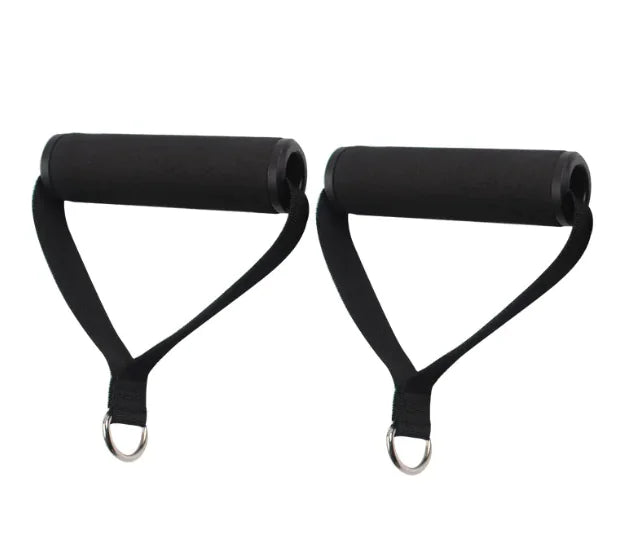 Pair of black resistance band handles on a white background