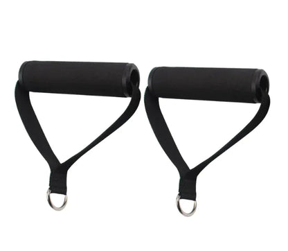 Pair of black resistance band handles on a white background