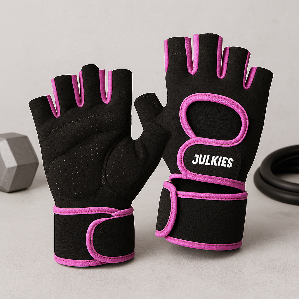 Black and pink weightlifting gloves with 'Julkies' branding on a light gray background.
