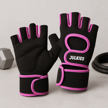 Black and pink weightlifting gloves with 'Julkies' branding on a light gray background.