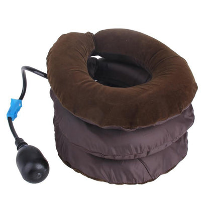Brown inflatable neck collar with control valve on a white background