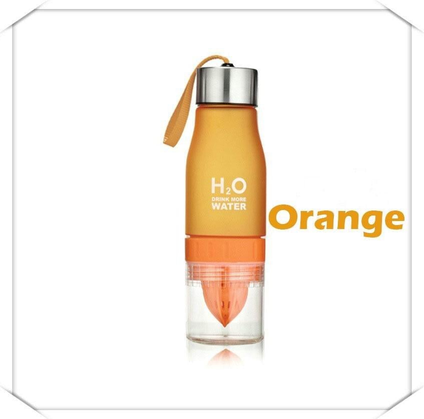Orange water bottle with 'H2O' branding on a white background