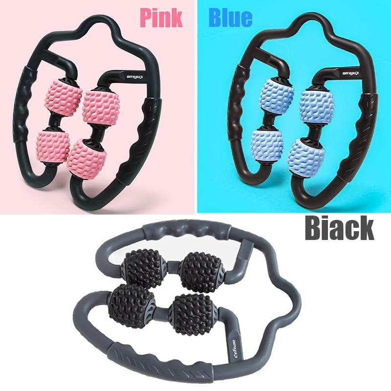 Handheld body massager ring with four textured rollers, shown in three color options—pink, blue, and black—designed for muscle relaxation and massage.