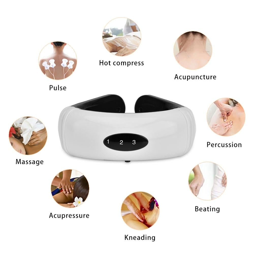 Massage device with various massage techniques illustrated around it on a white background