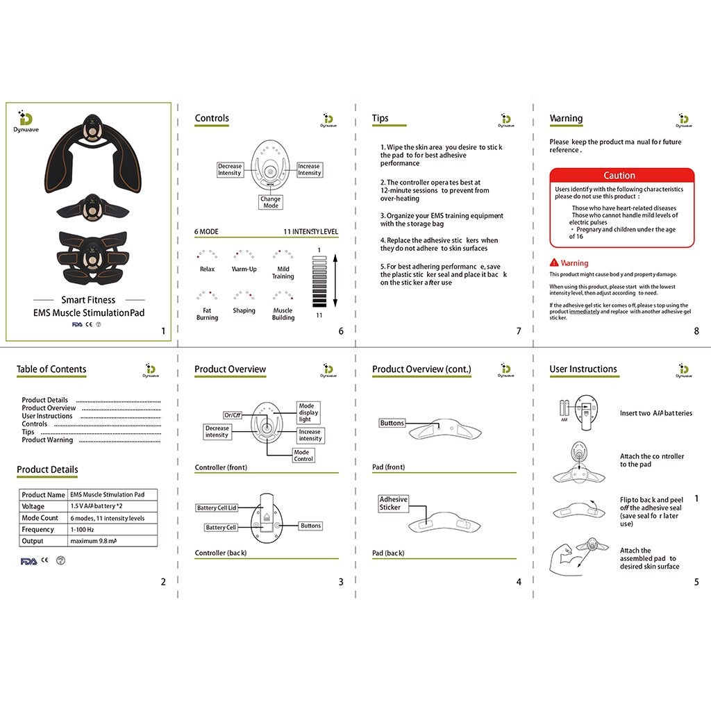 User manual or instruction sheet for an EMS Muscle Stimulation Pad with diagrams and text.