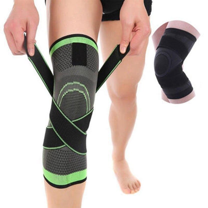 Knee brace with green accents being worn on a leg, with an inset showing a close-up of the brace.