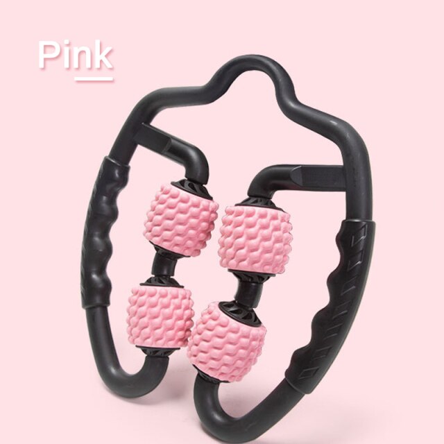 Black and pink handheld massager on a pink background