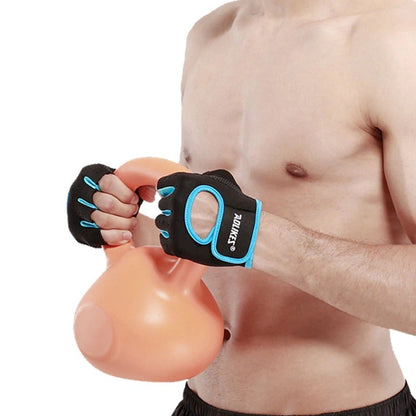 Person wearing black gloves with blue accents lifting a pink dumbbell on a white background