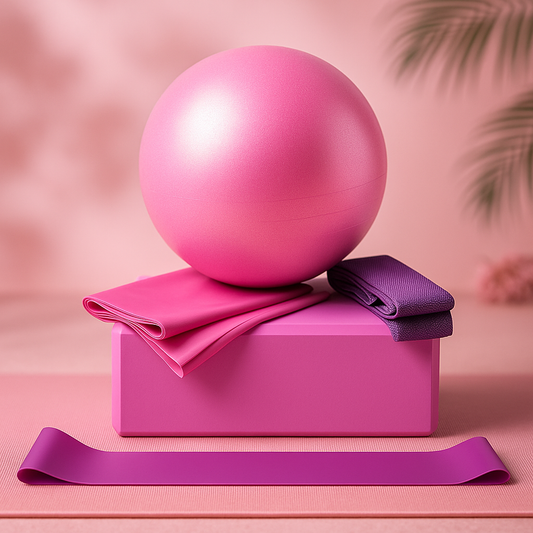 Pink exercise ball, pink block, and purple resistance bands on a pink surface with a blurred background