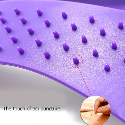 Purple acupressure mat with needle insertion point illustration and acupuncture needle inset.