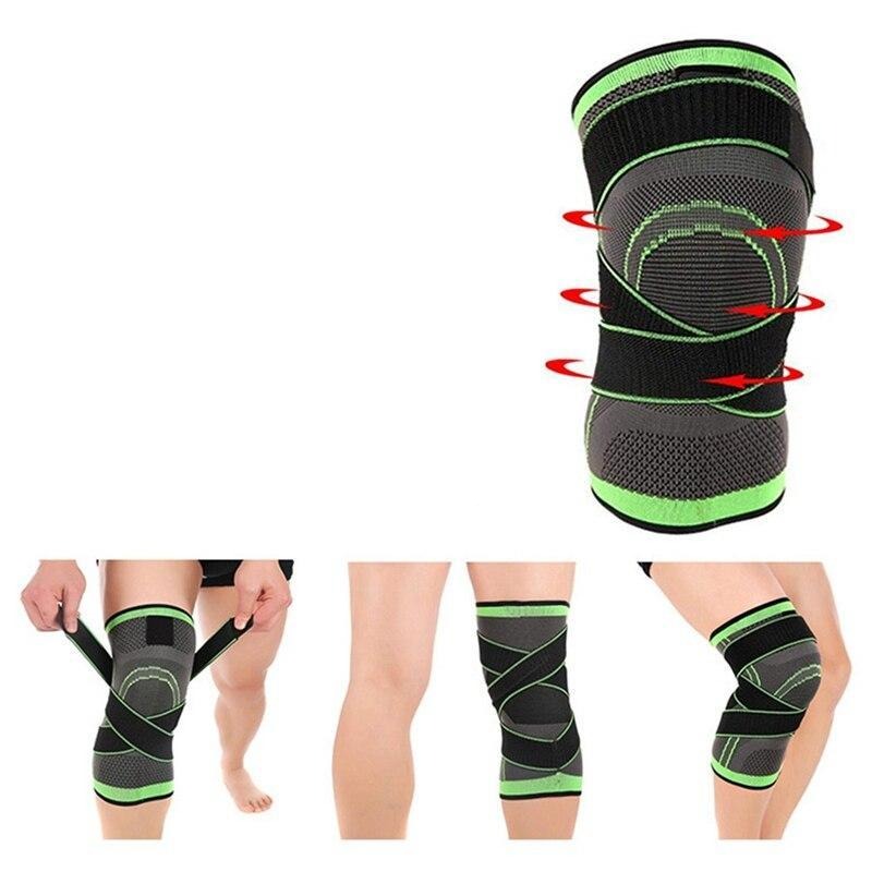Black and green knee brace with red arrows indicating support on a white background