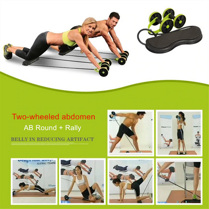 Two people using an ab roller with additional images of people exercising on the product.