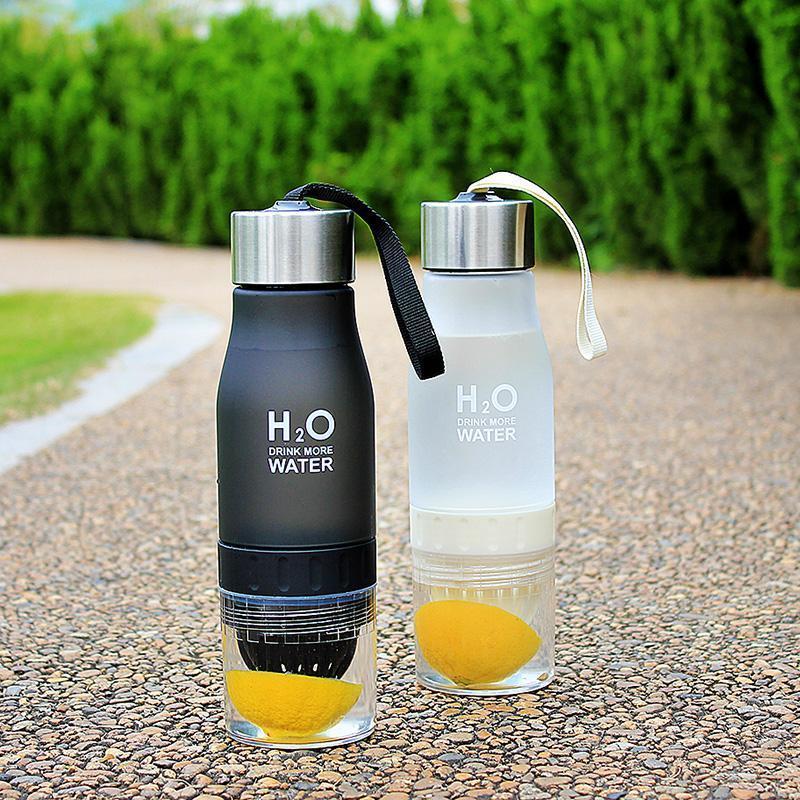Two H2O water bottles with lemon slices on a stone path.