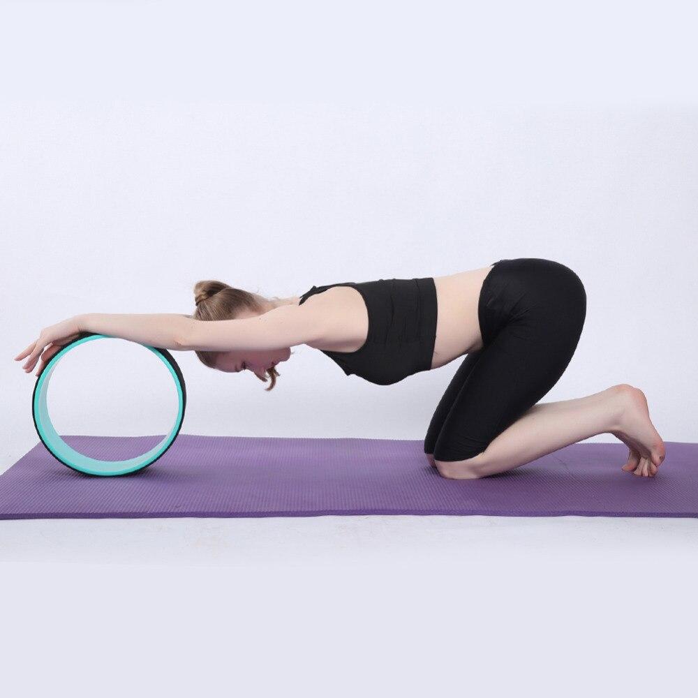 Person using a yoga wheel on a purple mat with a white background