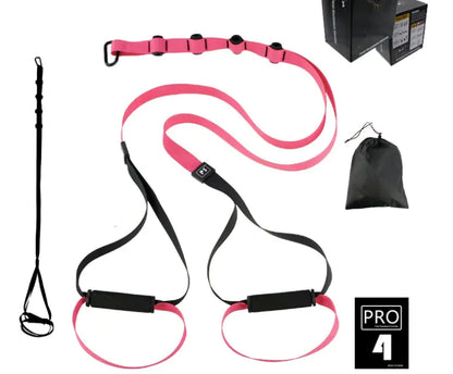 Pink and black resistance band set with packaging on a white background