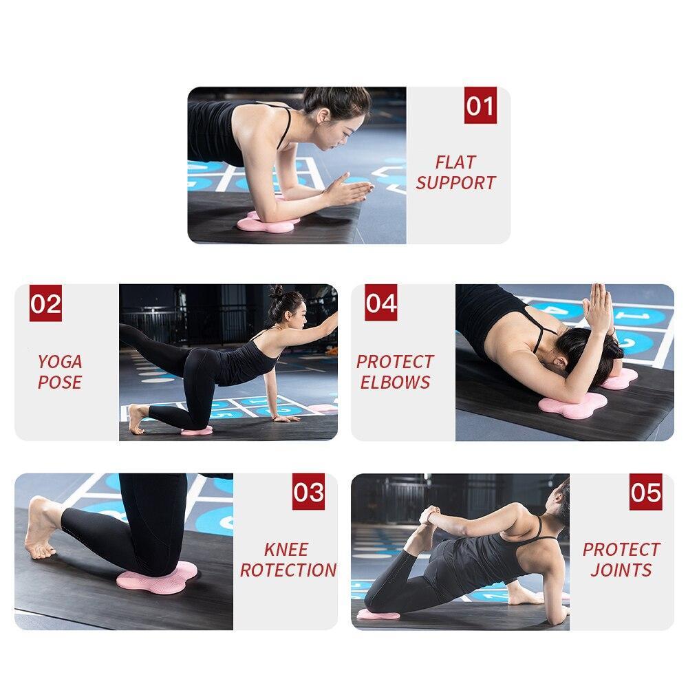 Woman using a yoga mat with pink foam rollers for support and protection during various yoga poses.