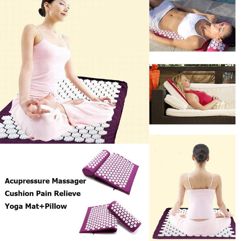 Acupressure massage cushion and mat with people using it for pain relief and relaxation.