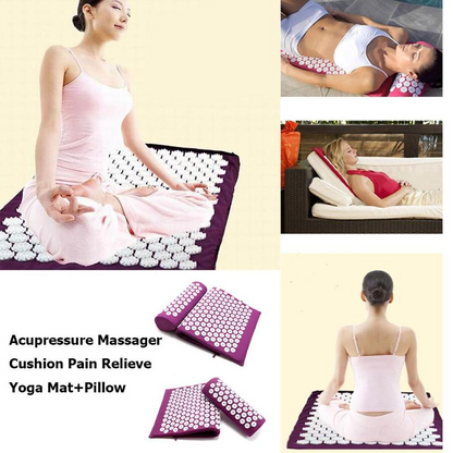 Acupressure massage cushion and mat with people using it for pain relief and relaxation.