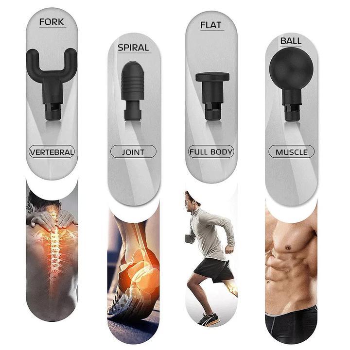 Four different massage gun attachments with labeled functions on a white background.