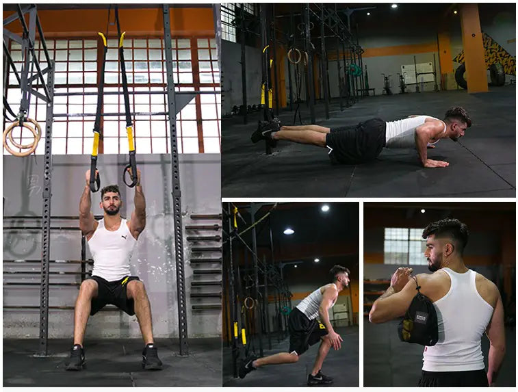 Man performing various exercises using TRX suspension straps in a gym setting.