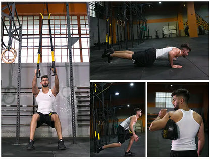 Man performing various exercises using TRX suspension straps in a gym setting.