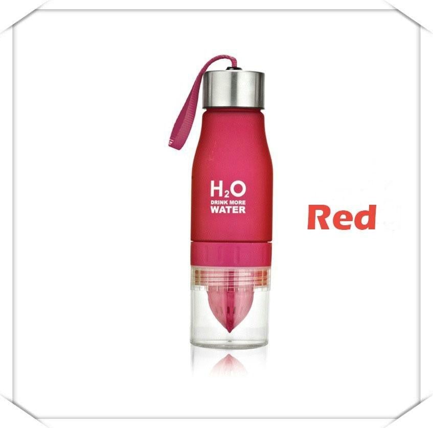 Red water bottle with 'H2O' branding on a white background