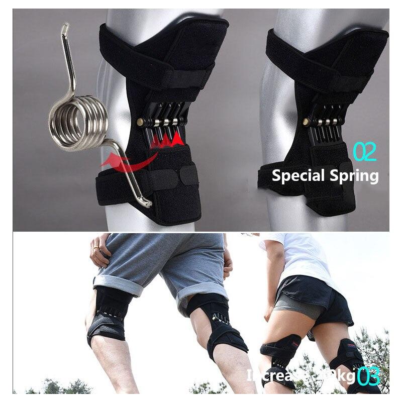 Knee support brace with special spring mechanism on a gray background