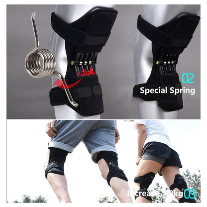 Knee support brace with special spring mechanism on a gray background