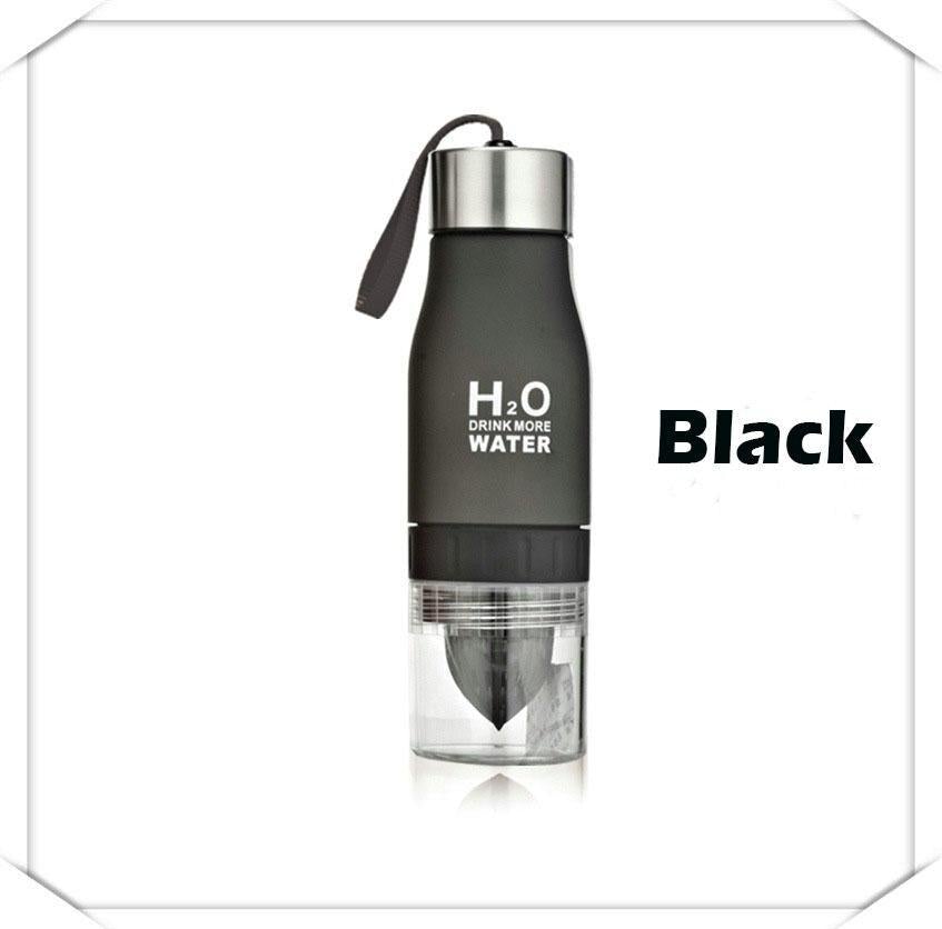 Black water bottle with 'H2O Drink More Water' text on a white background