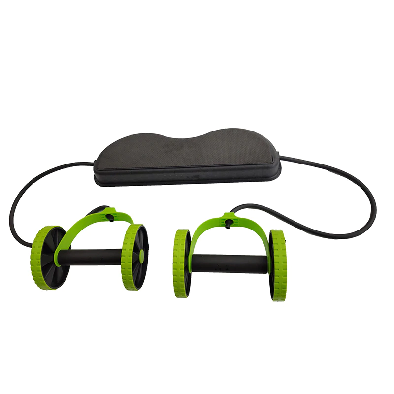 Black and green ab roller with carrying strap on a white background