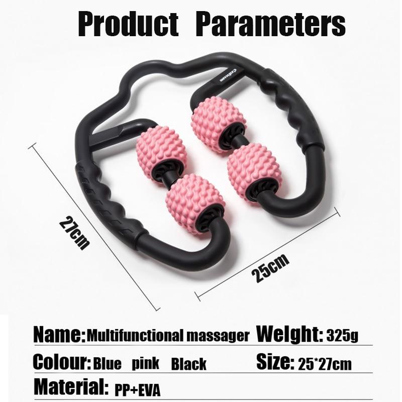 Multifunctional massager with pink nodes and black handles, showing dimensions and product details.