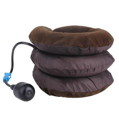 Brown inflatable neck collar with a pump on a white background