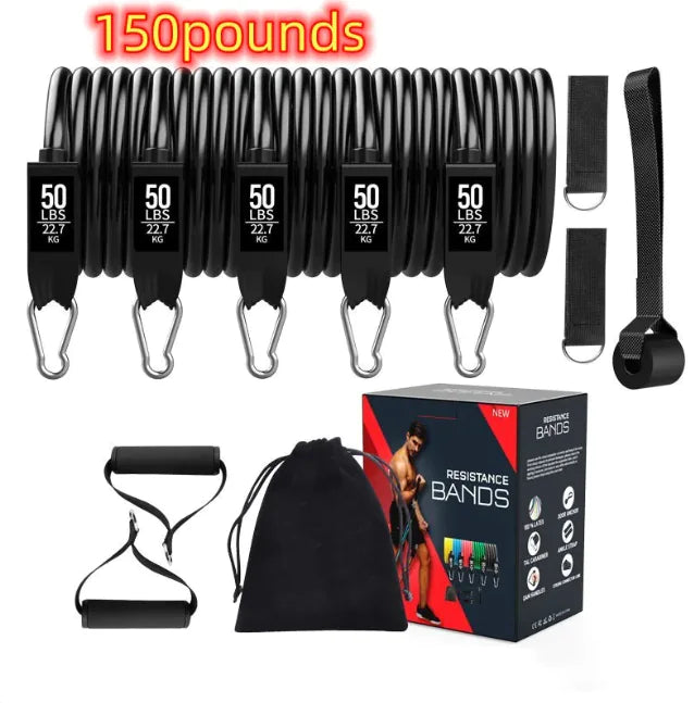 Resistance bands set with packaging and accessories on a white background