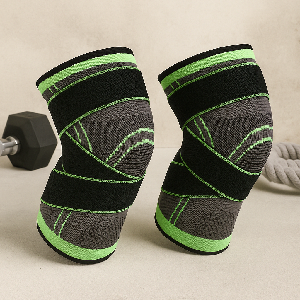 Pair of black and green knee sleeves on a neutral background