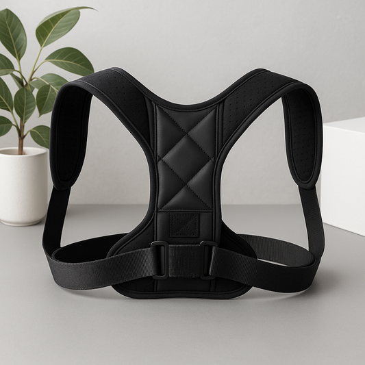 Black posture corrector on a light surface with a plant in the background