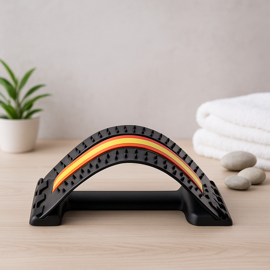 Black arch-shaped product with orange and yellow center on a wooden surface with a plant and towels in the background.