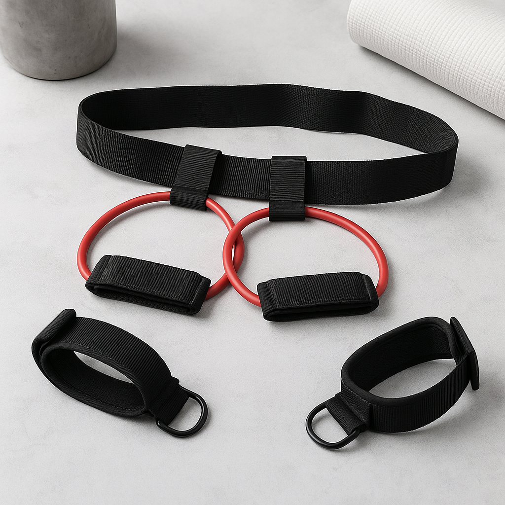 Black exercise belt with red resistance band on a light gray surface