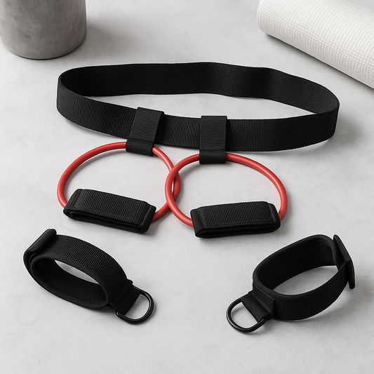 Black exercise belt with red resistance band on a light gray surface