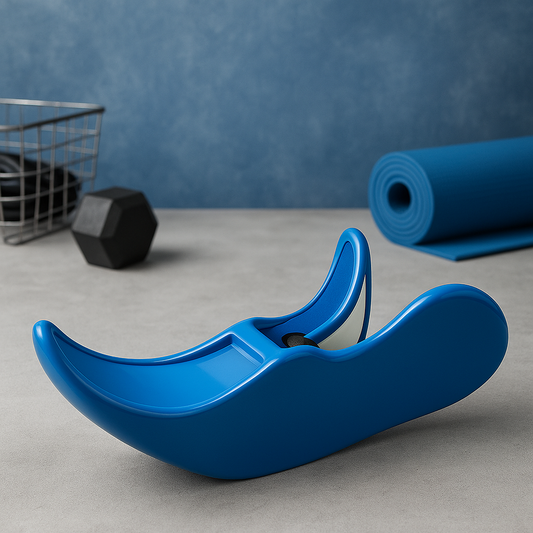 Blue balance board on a gray surface with a blue wall and gym equipment in the background.