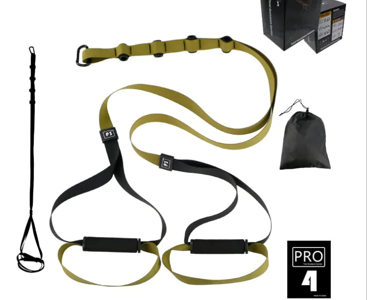 Set of resistance bands with a carrying bag and packaging on a white background