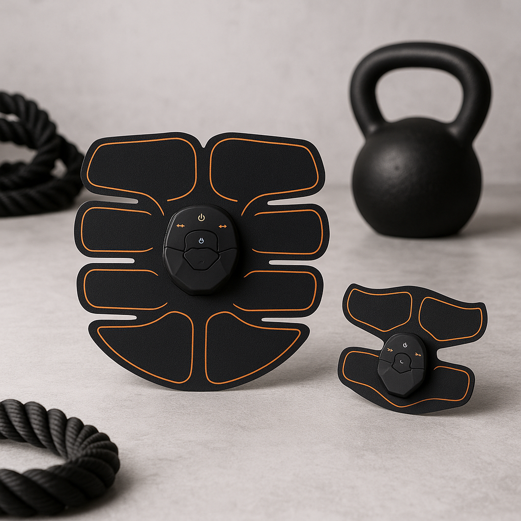 Black electronic muscle stimulator with remote control on a light gray surface, with a black kettlebell and resistance band in the background.